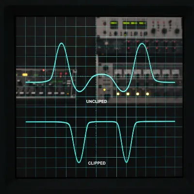 Visual representation of an audio waveform before and after clipping on an oscilloscope display.
