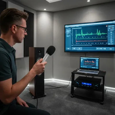 A person calibrating AV receiver gain settings with a microphone in a home theater setup.