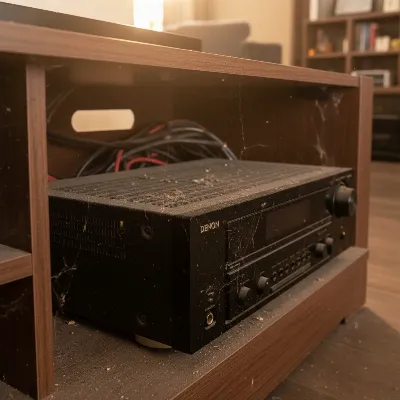 An AV receiver in a cluttered, poorly ventilated cabinet, showing dust accumulation on vents, illustrating common threats to longevity.