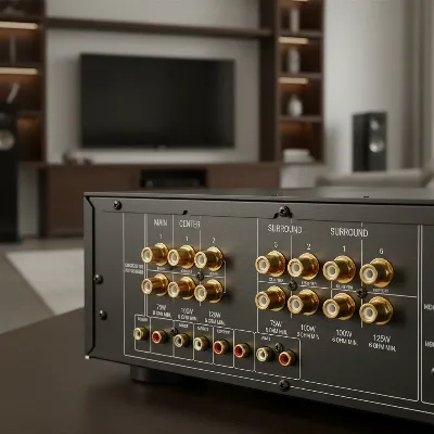 A close-up of an AV receiver's rear panel with speaker wire connections, showing wattage and impedance ratings clearly labeled, set in a modern home theater environment with soft, ambient lighting. Realistic style.