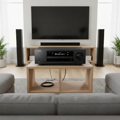 An AV receiver on an open shelf with plenty of space above and to the sides, showcasing ideal ventilation setup.