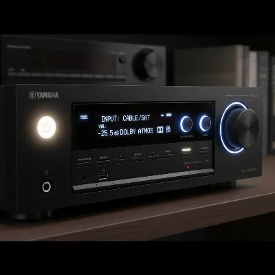 An AV receiver's front panel with various buttons highlighted, indicating a common reset button combination.