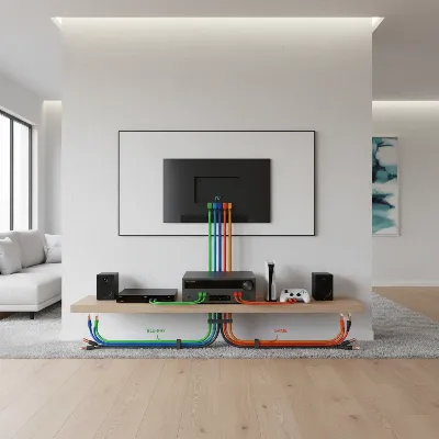 A wide shot of a neatly organized home theater rack, highlighting the various cables connected to an AV receiver from a TV, game console, and streaming device, with speaker wires meticulously arranged. Illustrative style.