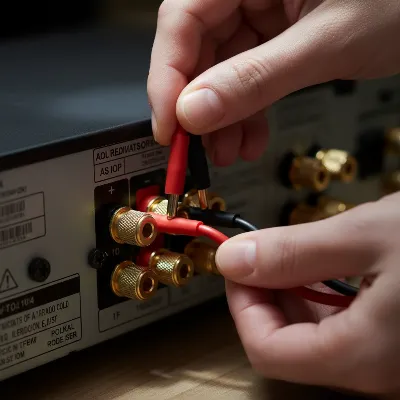 Hands inserting banana plugs into AV receiver binding posts