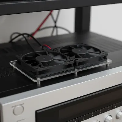 A DIY AV receiver cooling fan setup with two fans on a custom platform.