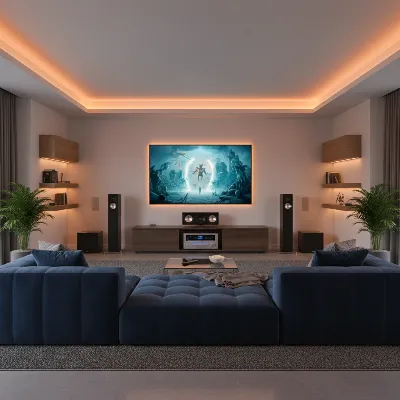 A modern, stylish living room transformed into a home theater with a 7.2 channel AV receiver, speakers strategically placed, and a large TV showing a movie scene.