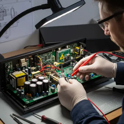 A technician using a multimeter to check the continuity of an internal fuse within an open AV receiver, with clear safety precautions visible.