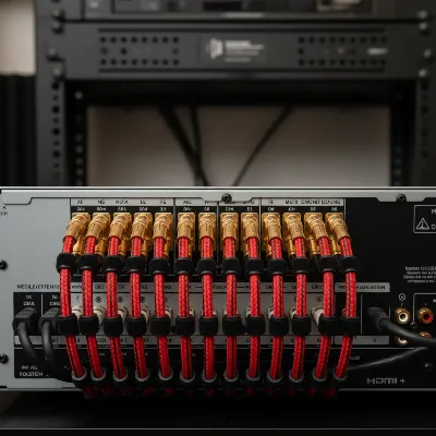 Close-up of speaker wire connections, highlighting proper, secure wiring without frayed strands for an AV receiver.