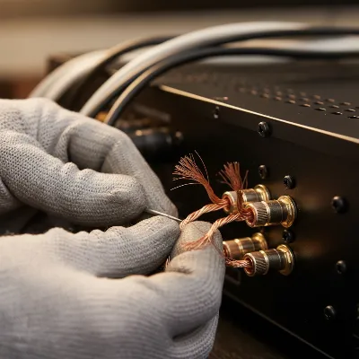 A close-up view of hands carefully inspecting speaker wires for frayed ends and potential short circuits near the binding posts of an AV receiver.